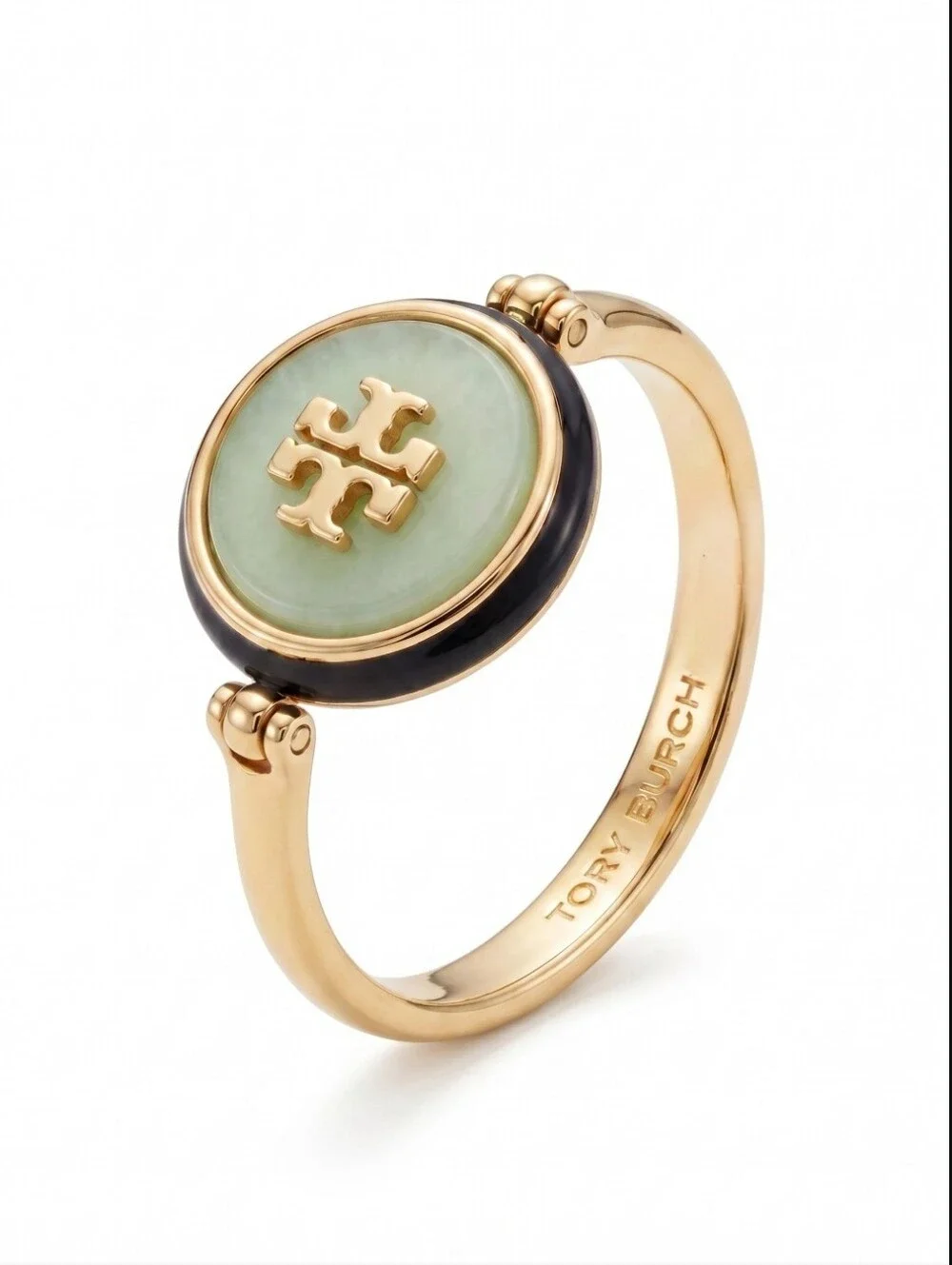 Tory Burch Kia Semiprecious Rotational Gold Ring with Light Green Logo Center